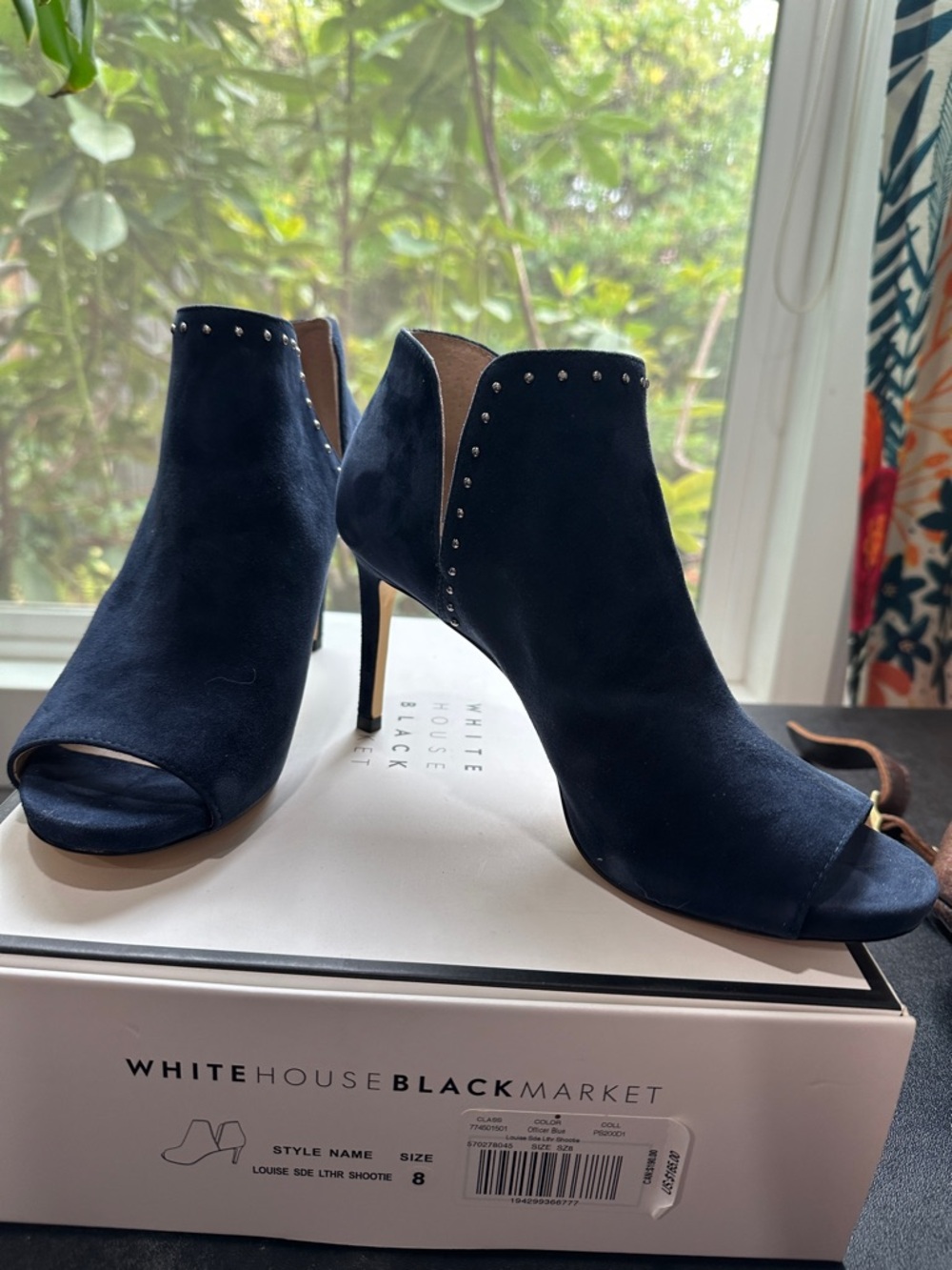 White House Black Market Navy Suede Peep-Toe Studded Ankle Boots
